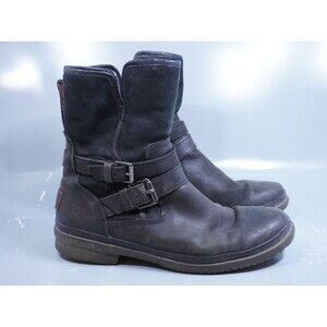 Ugg Boots Simmens Sz 8.5 Black Leather Shearling Waterproof Mid Calf Moto Bike